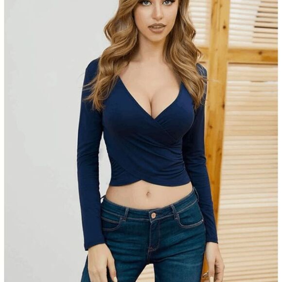 amazon Tops - VETIOR Deep V Neck Long Sleeve Unique Slim Fit Cross Wrap Crop Top- Size L